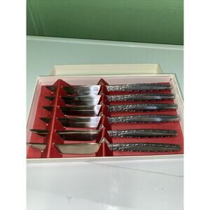 6 Vintage Everbrite Deluxe Stainless Steak Knives In Original Box